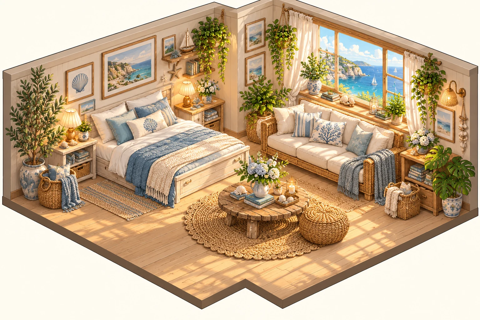A quiet coastal room with a broad view