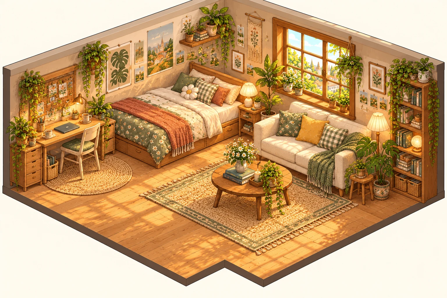 A warm isometric apartment with oak furniture